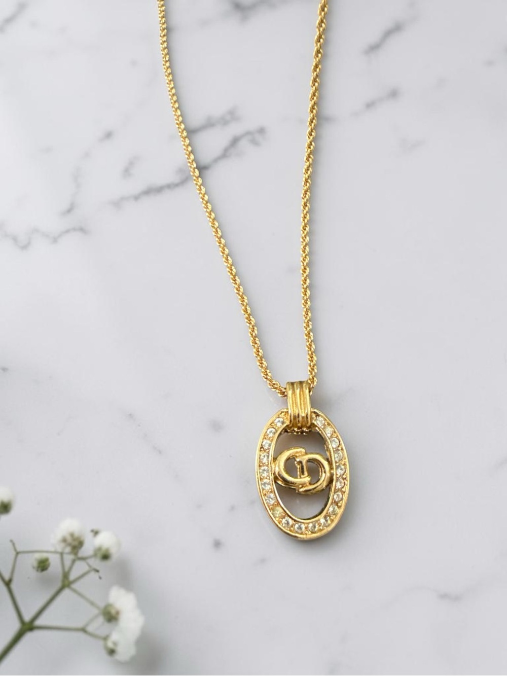 Christian Dior Necklace Pendant Gold Tone CD Logo Rhinestone Vintage